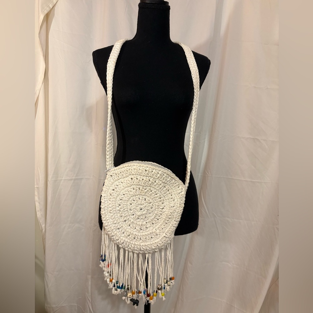 Handcrafted White Crochet Fringe Bag